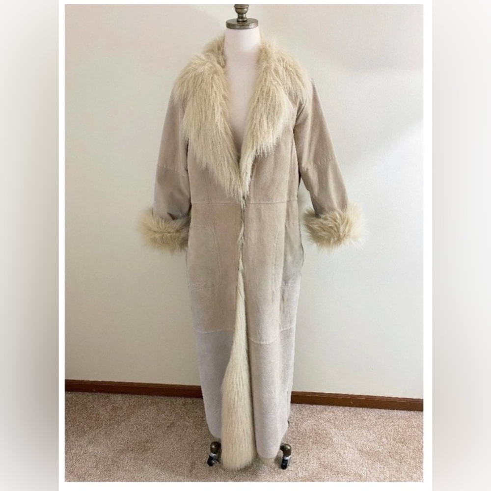 Penny Lane Style Y2K Cami International Tan Suede & Faux Fur Full Coat Pockets L